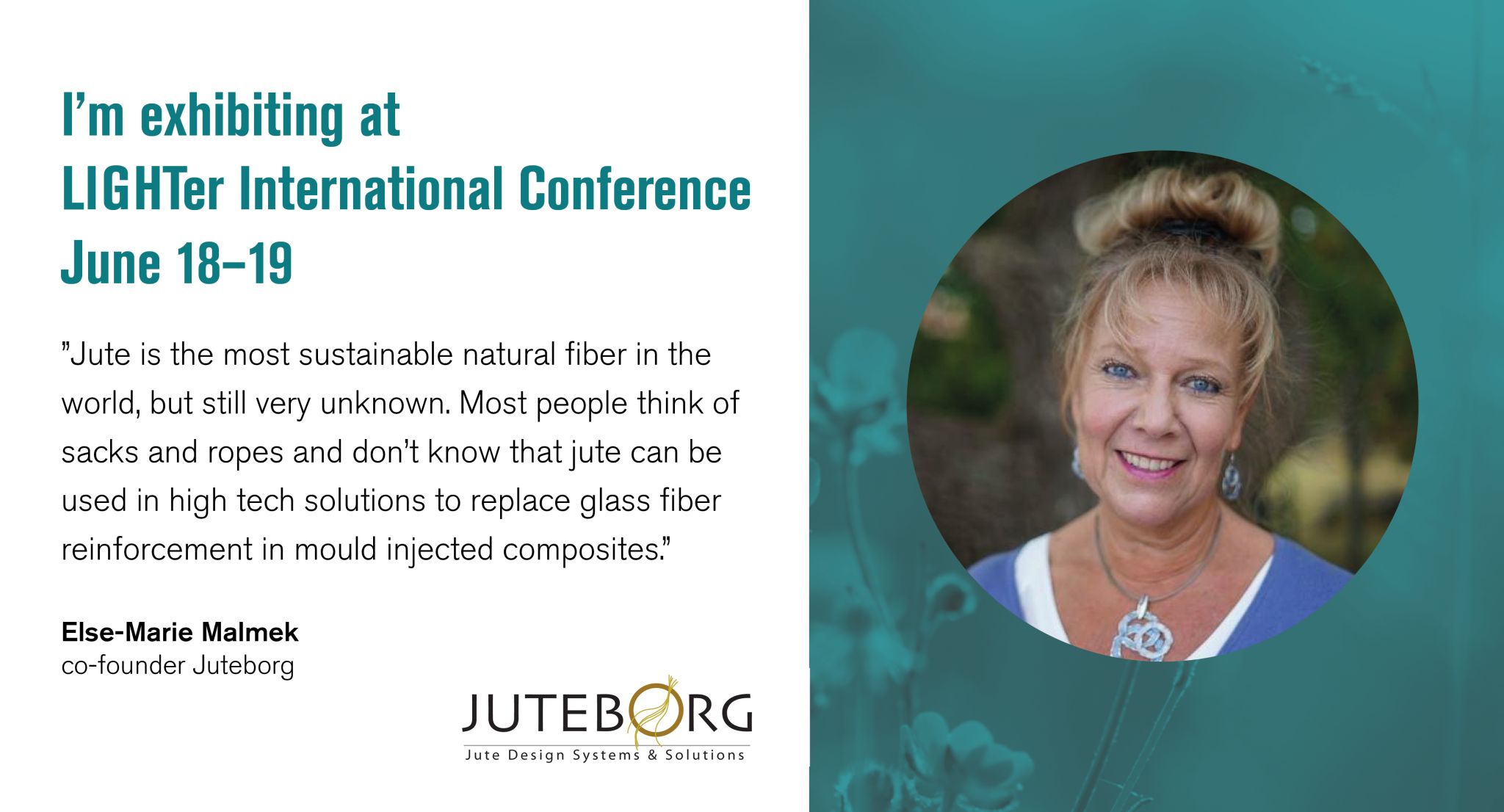 LIGHTer - a strategic innovation programmeLIGHTer - a strategic innovation programme 1,114 followers1,114 followers 1w • 1 week ago 🌟Hello Else-Marie Malmek, we're excited to have you representing Juteborg Sweden AB as an exhibitor at LIGHTer International Conference on June 18-19! 🌟 What goals and expectations motivated you to join us as an exhibitor? - Juteborg’s goal is to “juteify” the participants at the conference! We would like to share knowledge of the natural fiber of jute, “The Golden Fiber”, and showcase high-tech jute composites, JuTech™, from our research projects, partly financed by the LIGHTer program. Jute is the most sustainable natural fiber in the world but remains largely unknown. Most people think of sacks and ropes and are unaware that jute can be used in high-tech solutions, for example, in the automotive industry, replacing glass fiber reinforcement in mold-injected composites. Considering the conference theme “Towards net-zero industry through lightweight innovation,” how does Juteborg contribute to this goal? - Jute is a lightweight material, and since it can replace glass fiber as reinforcement in many applications, the end product will be lighter. How much lighter depends on the material it replaces. Jute is also biodegradable, compostable, and the process from farmer to factory consumes a minimal amount of energy. Additionally, jute is a fast-growing crop, maturing in only 120 days and binds a significant amount of CO2 annually. What relationships do you hope to establish during the conference? - Juteborg seeks to be a development partner and wishes to cooperate with our end customers in the early design phases, as it is during these phases that the most crucial decisions are made regarding the sustainability of the end product. We are eager to explore more application areas for jute and, therefore, aim to develop more proof of concepts in close cooperation with companies primarily within the automotive, construction, interior, textile, and packaging sectors.